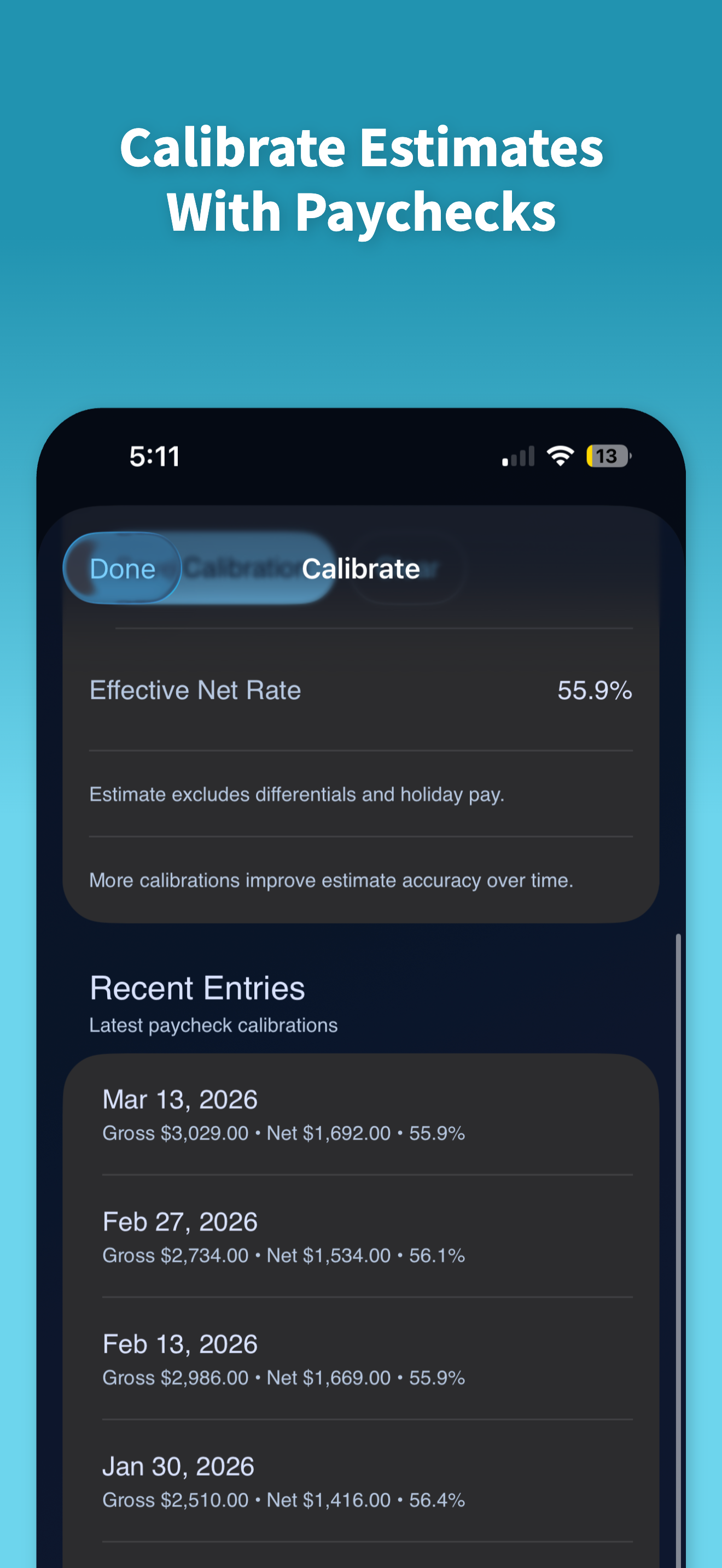 Calibration view comparing estimates to actual paycheck values