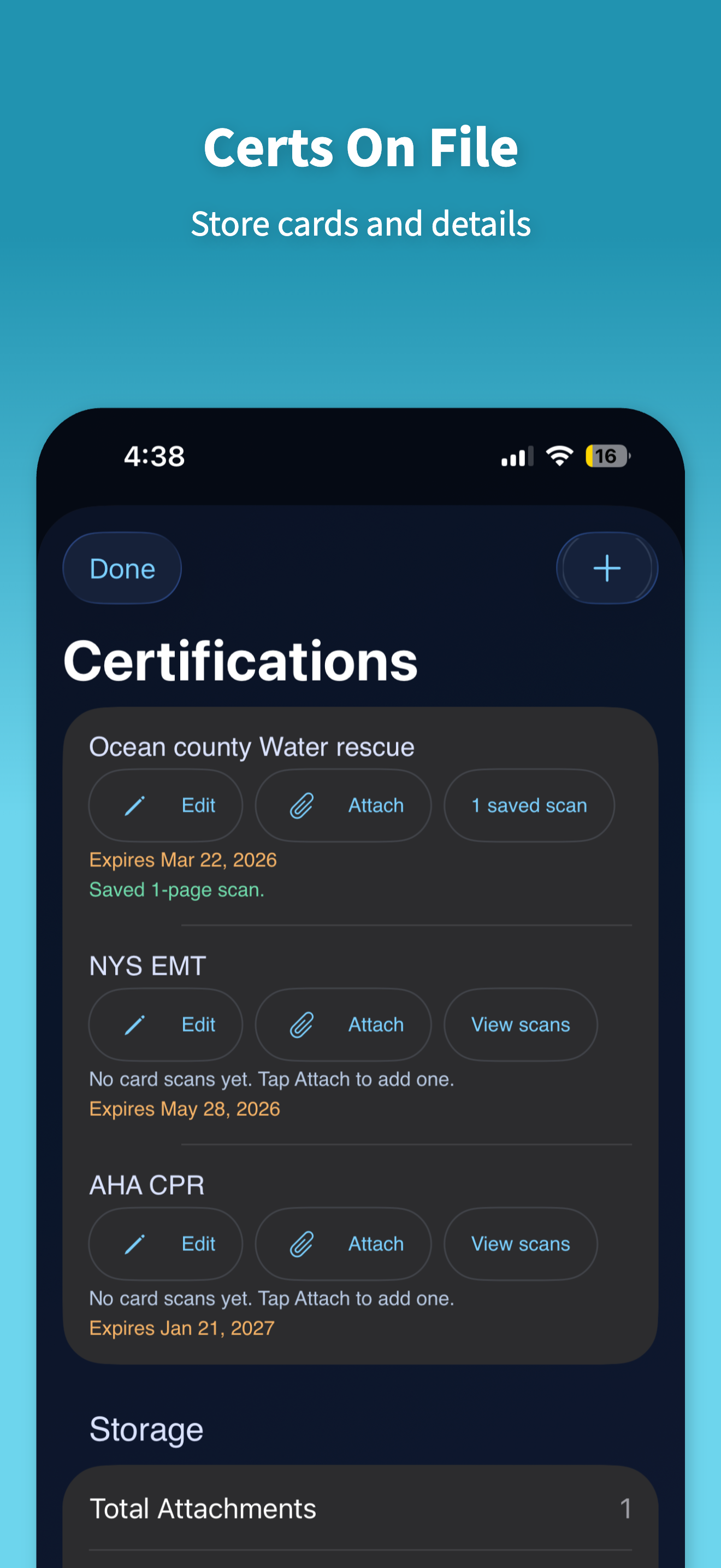 Certification tracking screen with renewal dates and attached credential scans