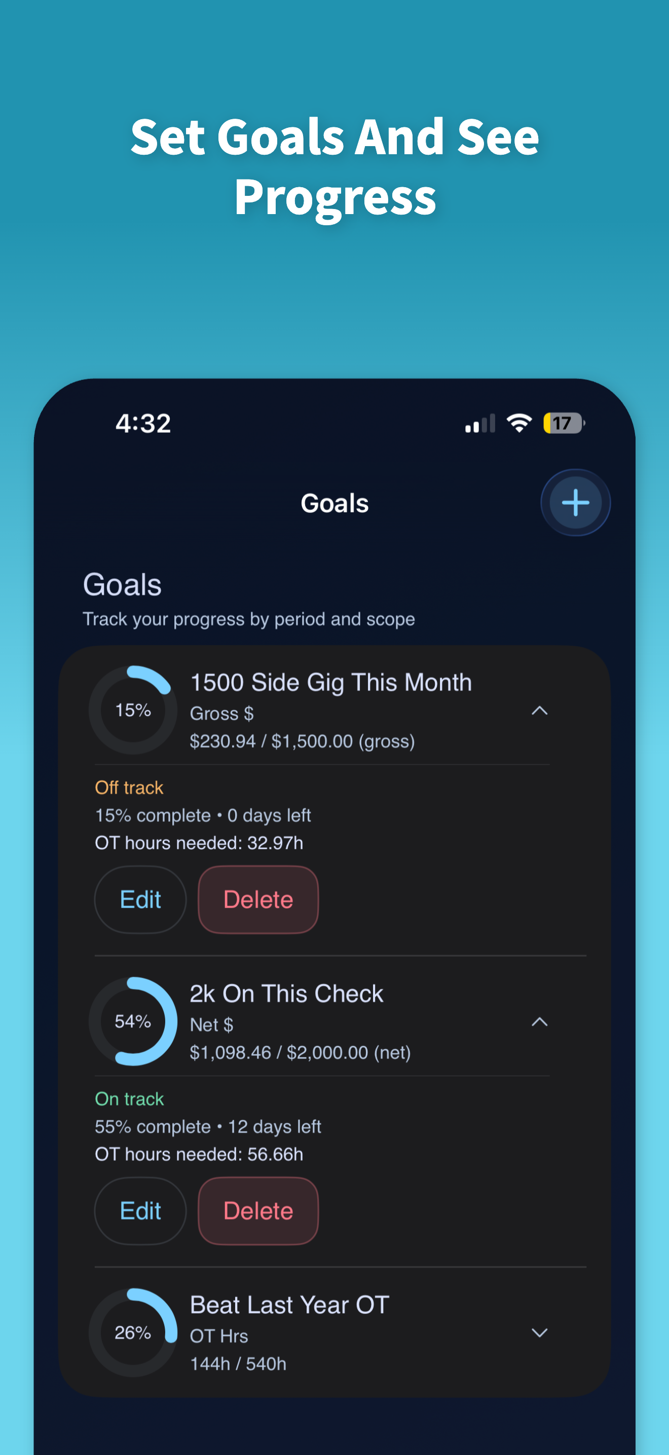 Goals view with pacing and progress by pay period