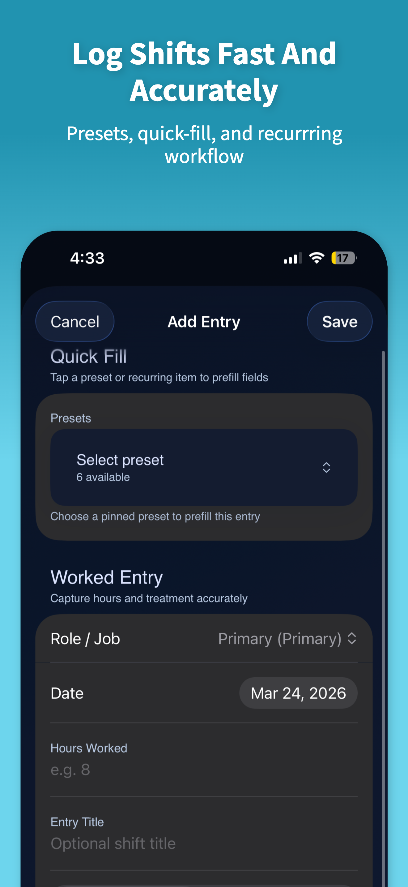 Shift entry view with overtime and side-job context